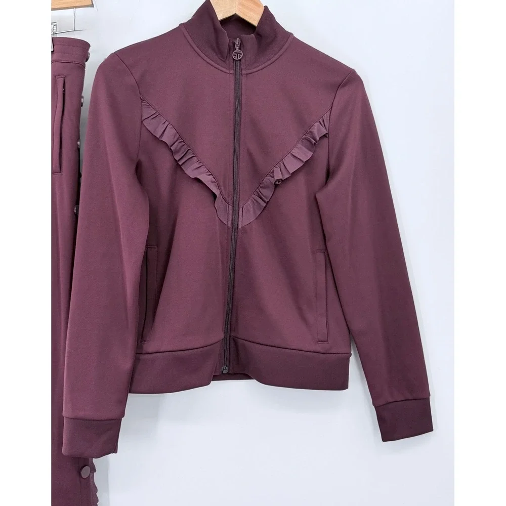Tory Sport Tracksuit Set Women Medium Burgundy Ruffle Zip Jacket Snap Pants